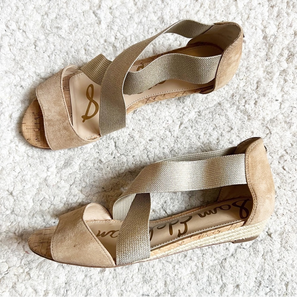 Sam Edelman Women's Declan Low Wedge Metallic Gold Elastic Strappy Sandals